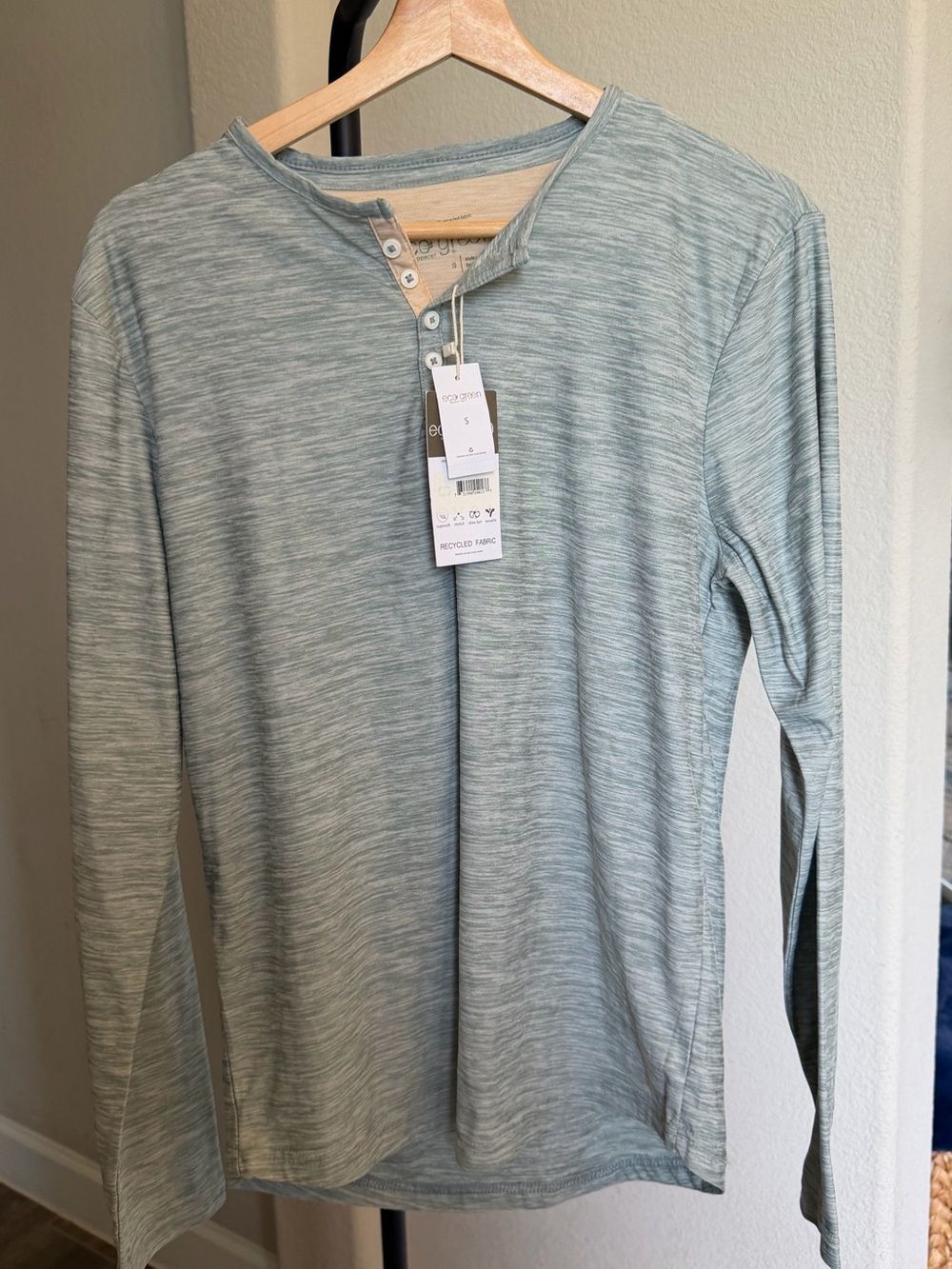 Eco Green Apparel Heather Light Green Long Sleeve Henley Shirt S